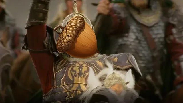 A knight in ornate armor with a large acorn digitally superimposed over his helmet, holding a sword aloft. The overlaid text…