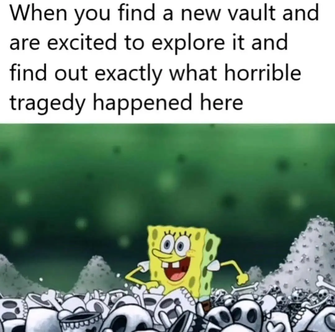 The image shows the cartoon character SpongeBob SquarePants standing cheerfully in the middle of a pile of skulls and bones…