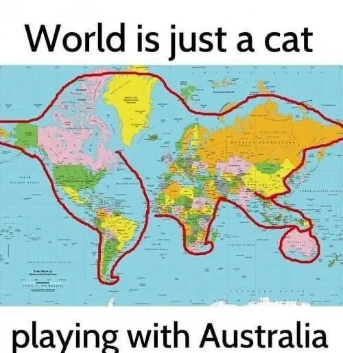 A world map with a red outline drawn around the continents to resemble a cat's body, with Australia depicted as a small ball…
