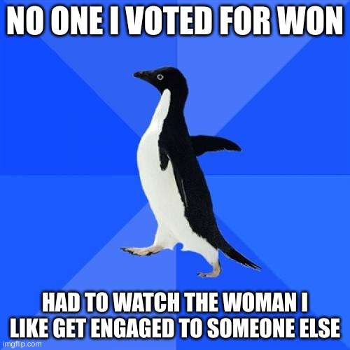 A black-and-white penguin stands against a blue background, looking dejected. The text at the top reads 'NO ONE I VOTED FOR…