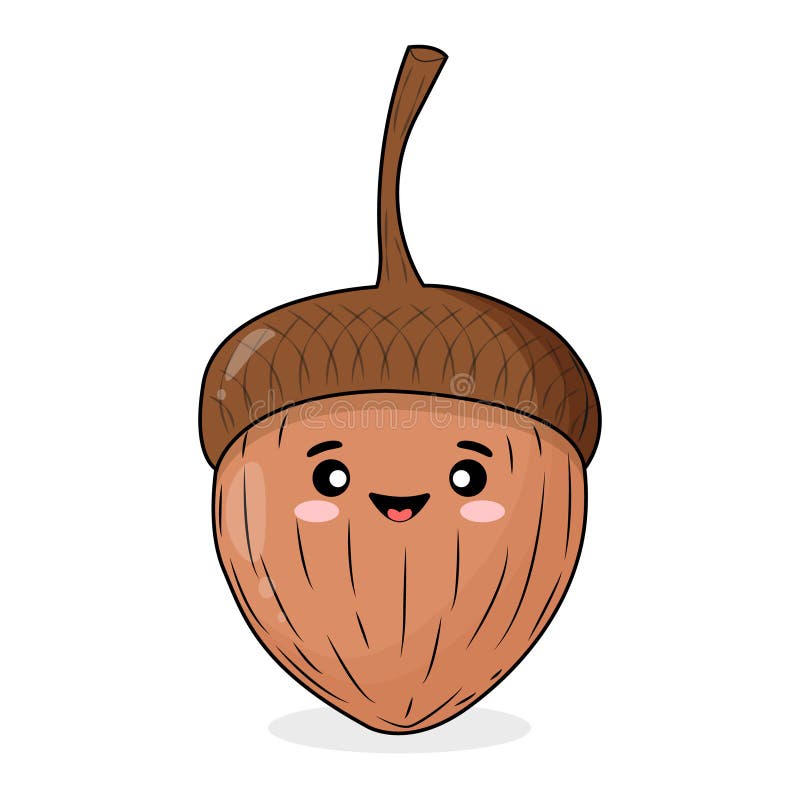 A cartoon illustration of a smiling acorn with large eyes, rosy cheeks, and a brown cap, set against a plain white…