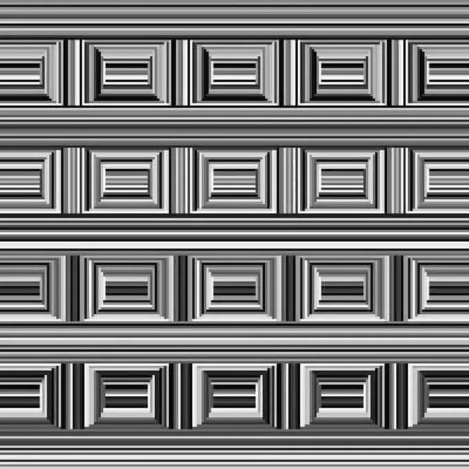 The image is a black-and-white optical illusion featuring a repeating pattern of rectangular frames with horizontal stripes…