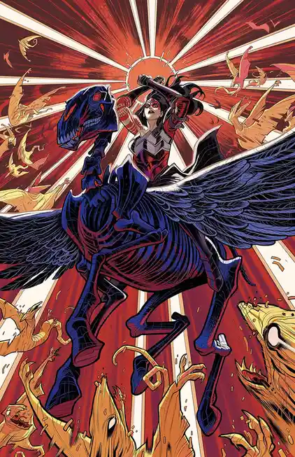 A female superhero with dark hair and red-and-black costume rides a skeletal, winged dinosaur-like creature, wielding a…