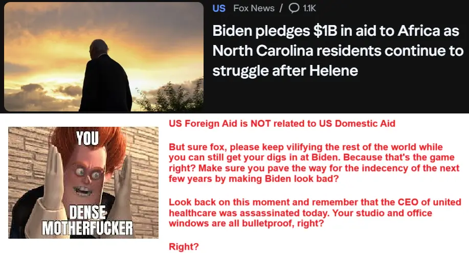 The image shows a screenshot of a Fox News article headline about Biden's Africa aid and North Carolina's struggles after…