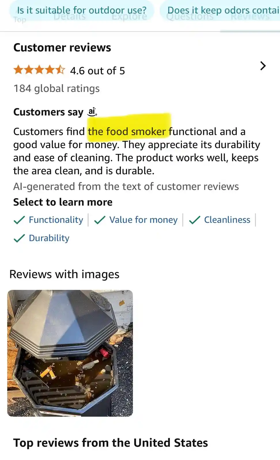 An Amazon product page shows a customer review section with a 4.6-star rating. The AI-generated summary text praises the…