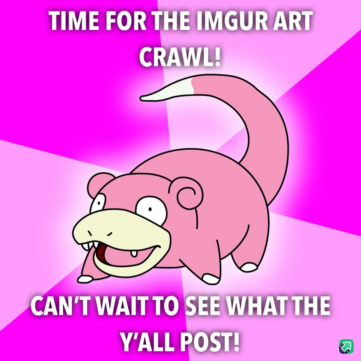A pink cartoon Pokémon, Slowpoke, is shown crawling on a vibrant pink and magenta background with diagonal light rays. White…