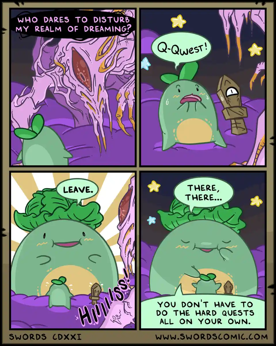 A four-panel comic shows a small green creature nervously approaching a large, menacing purple monster. The monster asks who…