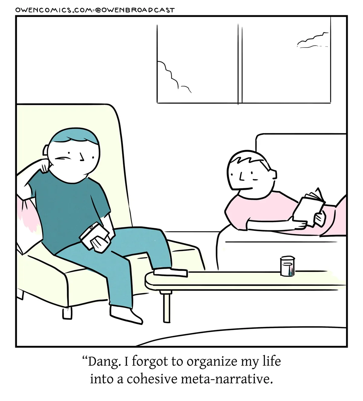 A cartoon depicts two people in a living room; one person sits in an armchair looking frustrated while holding a phone, and…