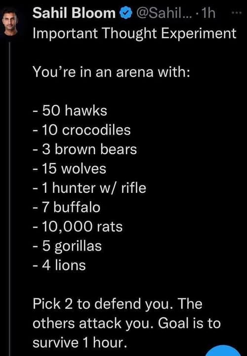 A screenshot of a tweet by Sahil Bloom presenting a 'thought experiment' where the viewer must choose two animals from a…