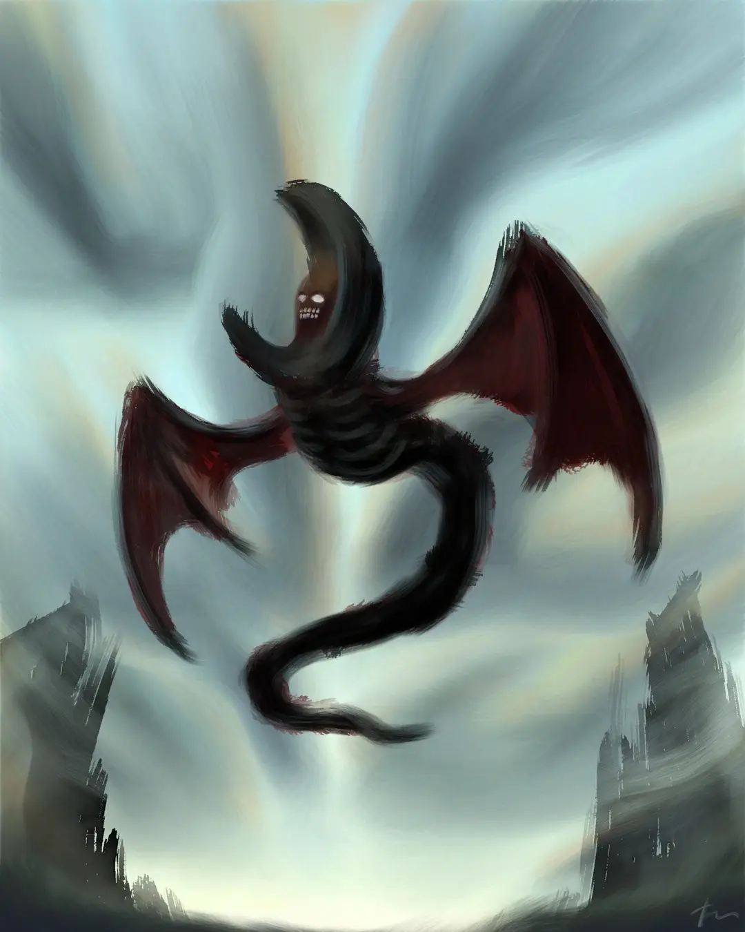 A dark, serpentine creature with bat-like wings and a skull-like face floats menacingly over a ruined cityscape. The…