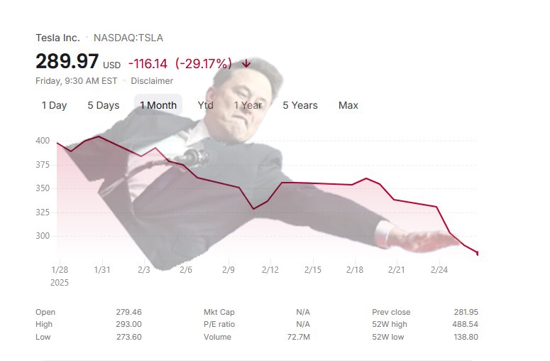 A stock chart for Tesla Inc. (NASDAQ:TSLA) shows a steep decline, with the price at $289.97 and a -29.17% drop. A faded…