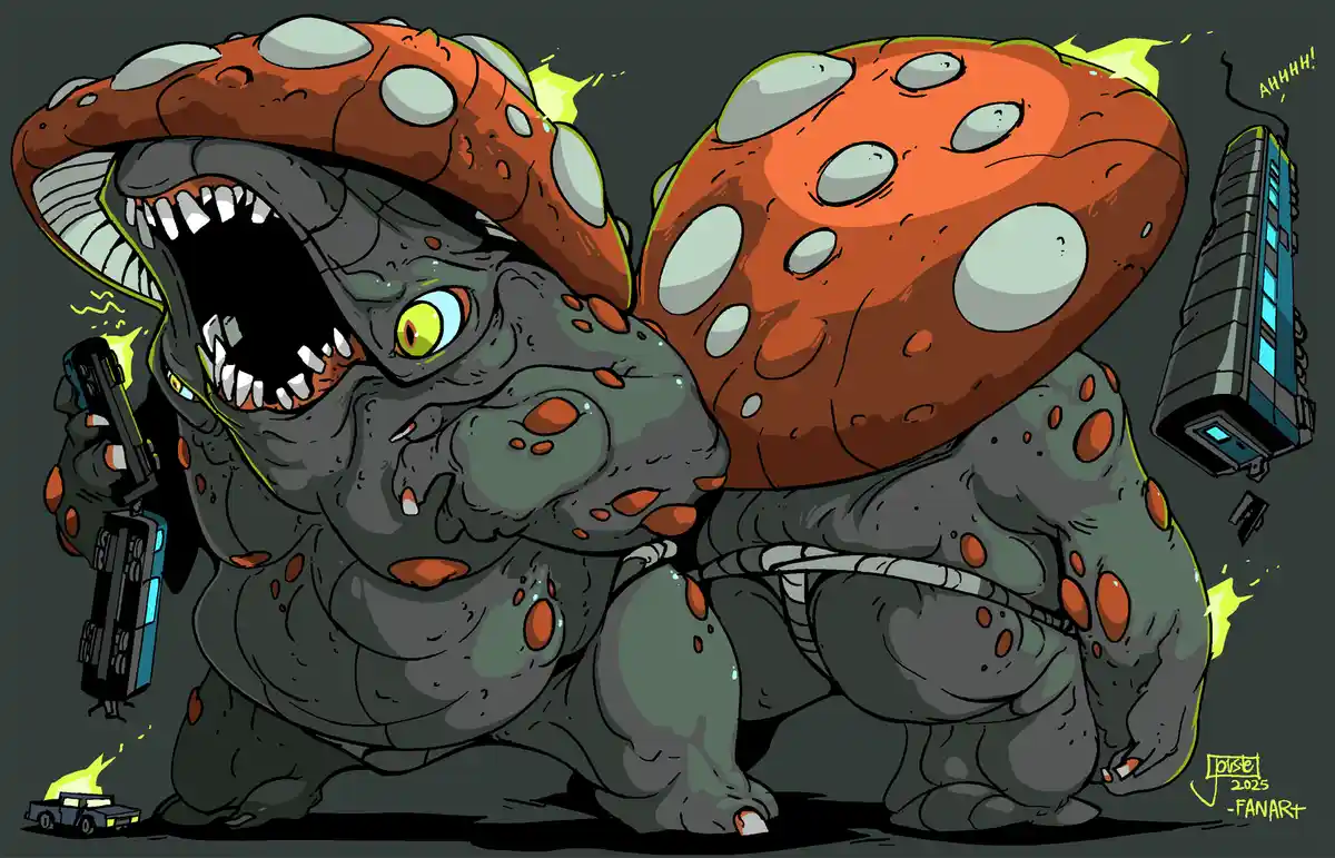 Two large, grey, reptilian monsters with oversized red mushroom caps are depicted in a cartoonish style. One monster on the…