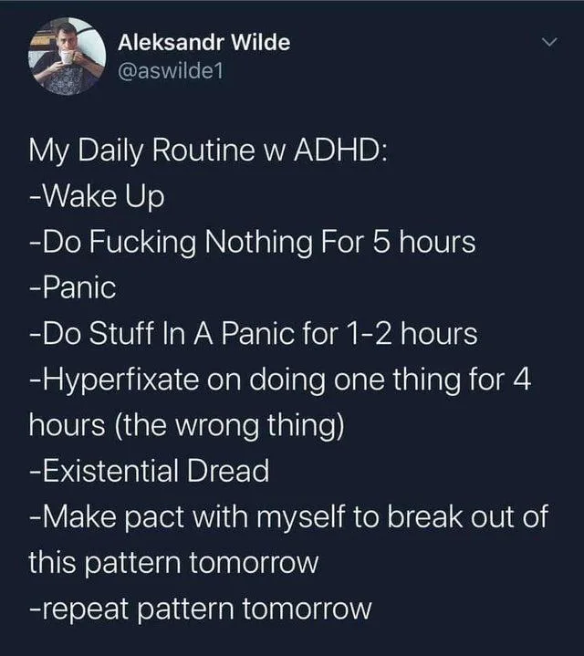 A screenshot of a tweet by Aleksandr Wilde showing a humorous, self-deprecating list titled 'My Daily Routine w ADHD,'…