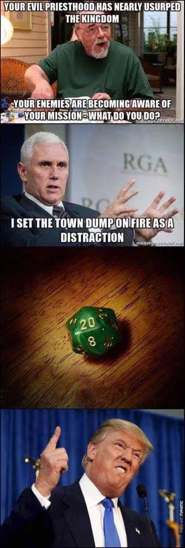 A four-panel meme featuring a man in a green shirt, Mike Pence gesturing, a green 20-sided die on wood, and Donald Trump…