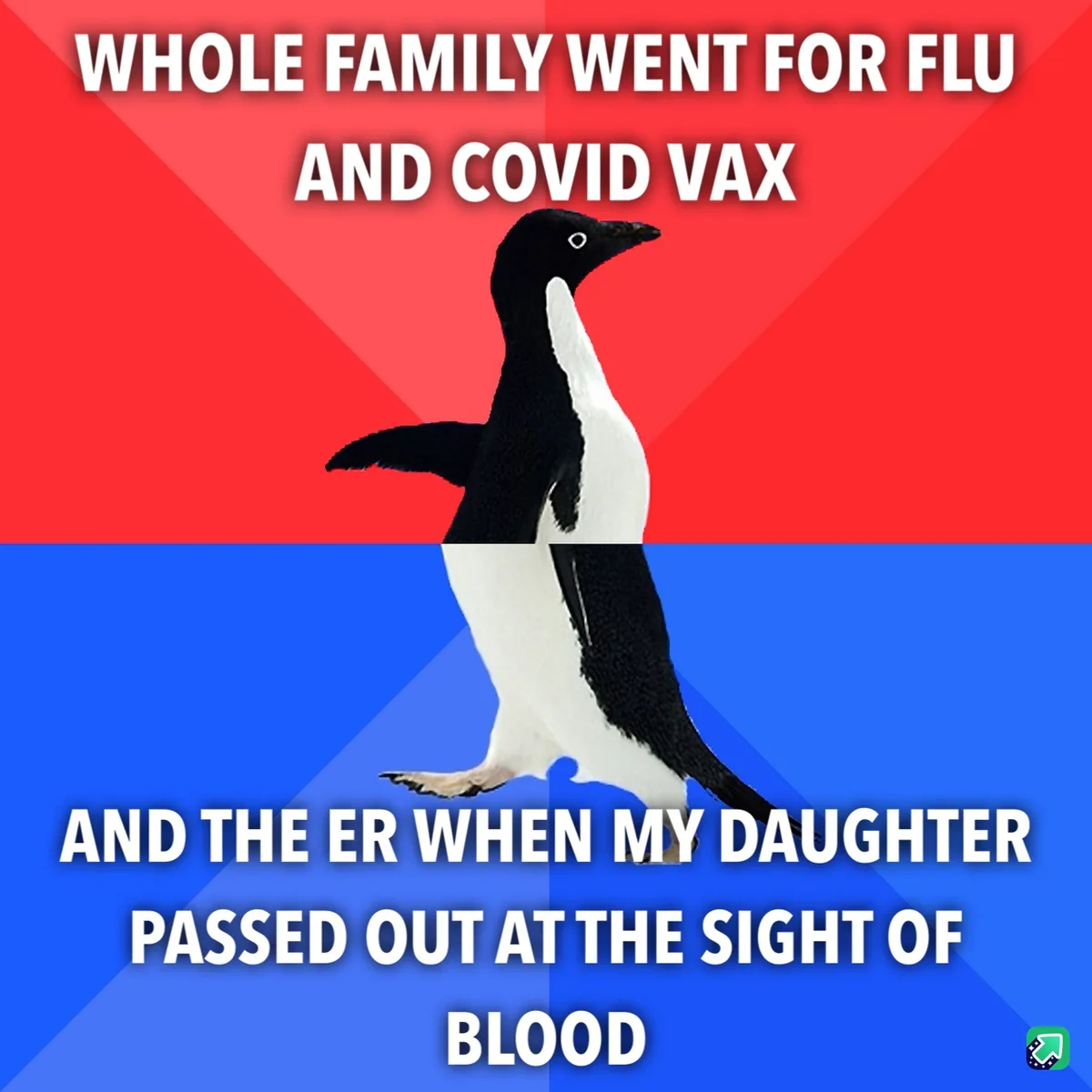A penguin stands centered against a red and blue background, with white text overlaid in two sections. The top text reads…