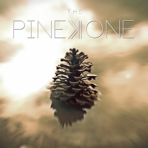 A pinecone is centered against a blurred, bright, cloudy sky with a faint reflection below it. Overlaid text in a stylized…
