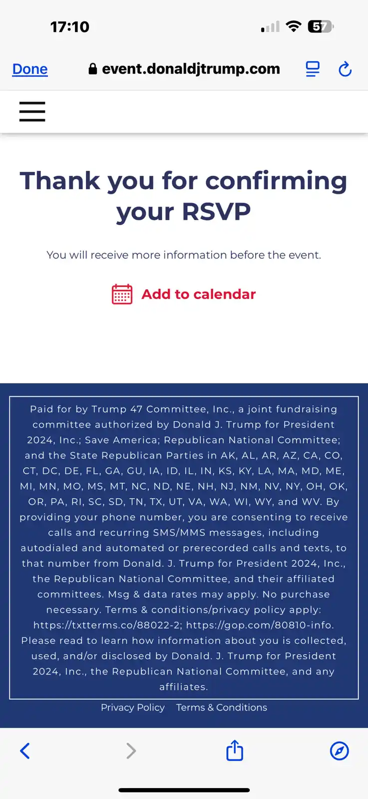 A screenshot of a mobile web page from event.donaldjtrump.com showing a 'Thank you for confirming your RSVP' message. Below…