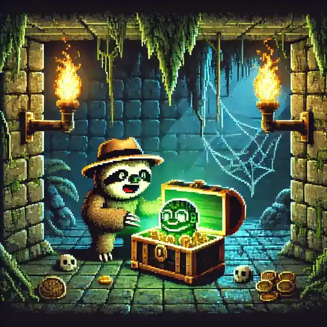 A pixel-art sloth wearing a fedora stands in a dim, mossy dungeon with torches on stone walls, looking excitedly at an open…
