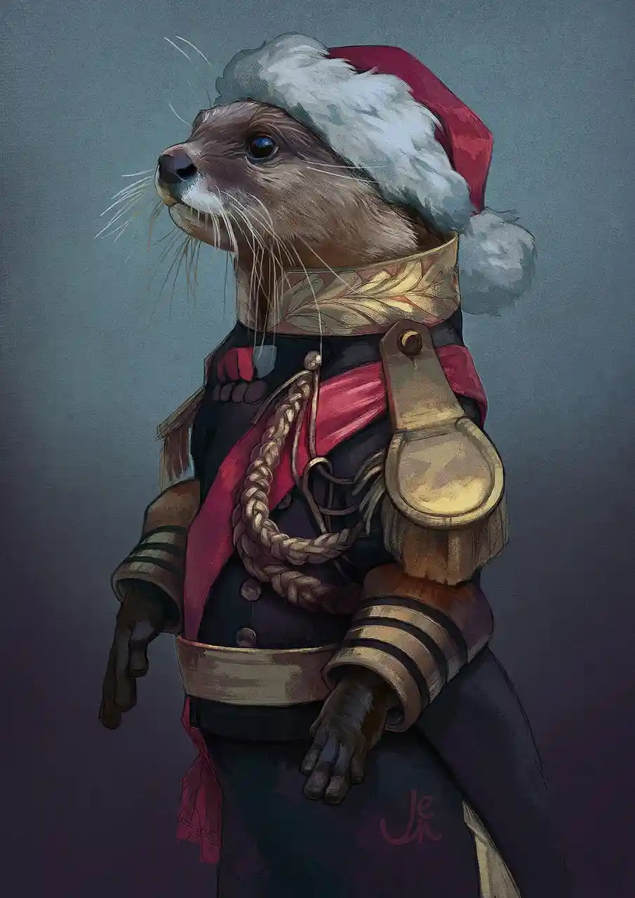 An otter is depicted in a detailed, ornate military uniform with gold epaulets, braided cords, and a red sash, while wearing…