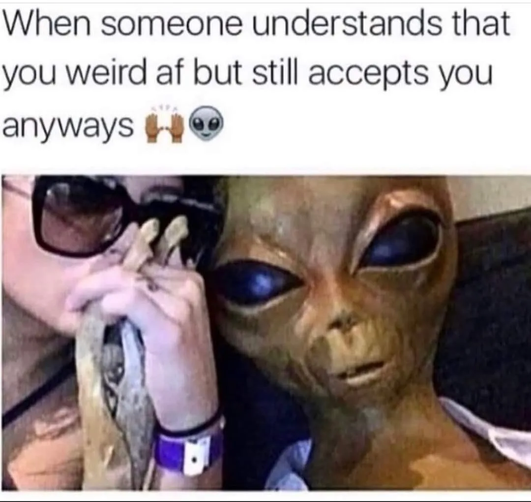A person wearing sunglasses holds a small snake while sitting next to a large alien statue. The overlaid text reads 'When…