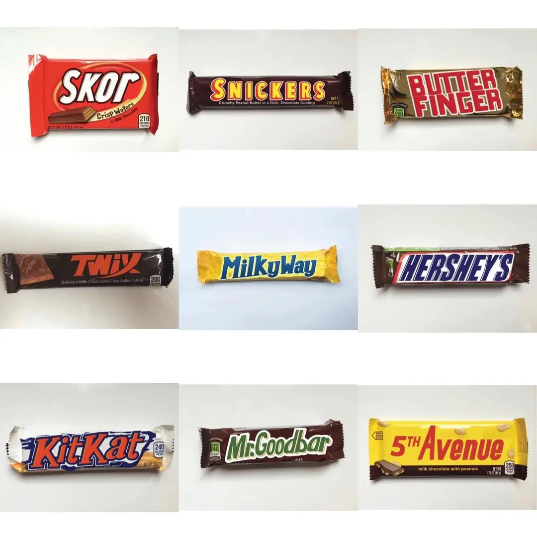 A grid of nine different chocolate candy bars, including Skor, Snickers, Butterfinger, Twix, Milky Way, Hershey's, KitKat…