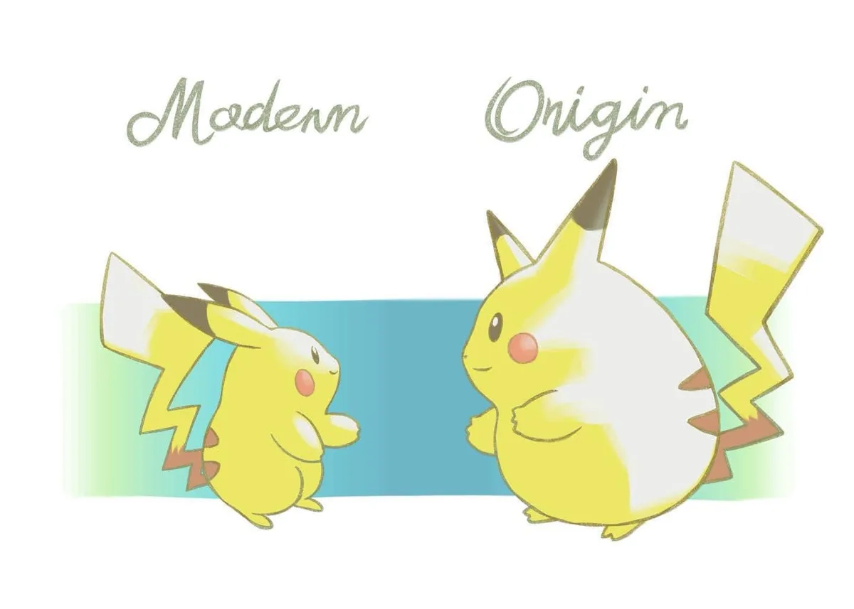 Two cartoon Pikachu characters face each other, labeled 'Modern' on the left and 'Origin' on the right. The 'Modern' Pikachu…