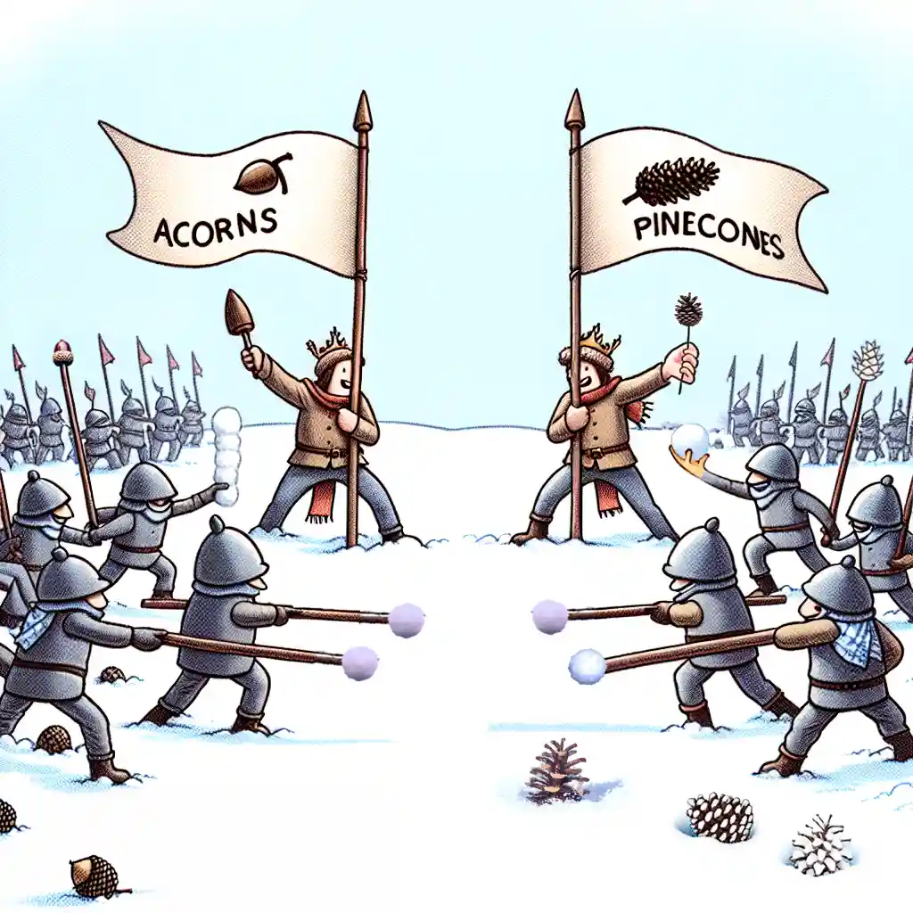 Two cartoon armies in winter gear battle with snowballs, led by crowned commanders holding flags labeled 'ACORNS' and…