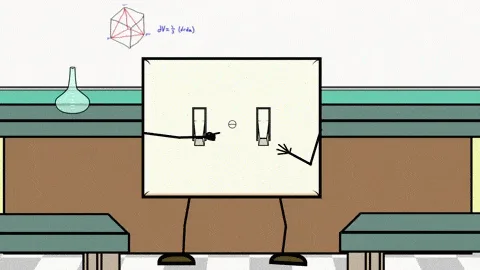 A cartoon image shows three whiteboard characters sitting at a lab bench with beakers. Each board has a simple math equation…
