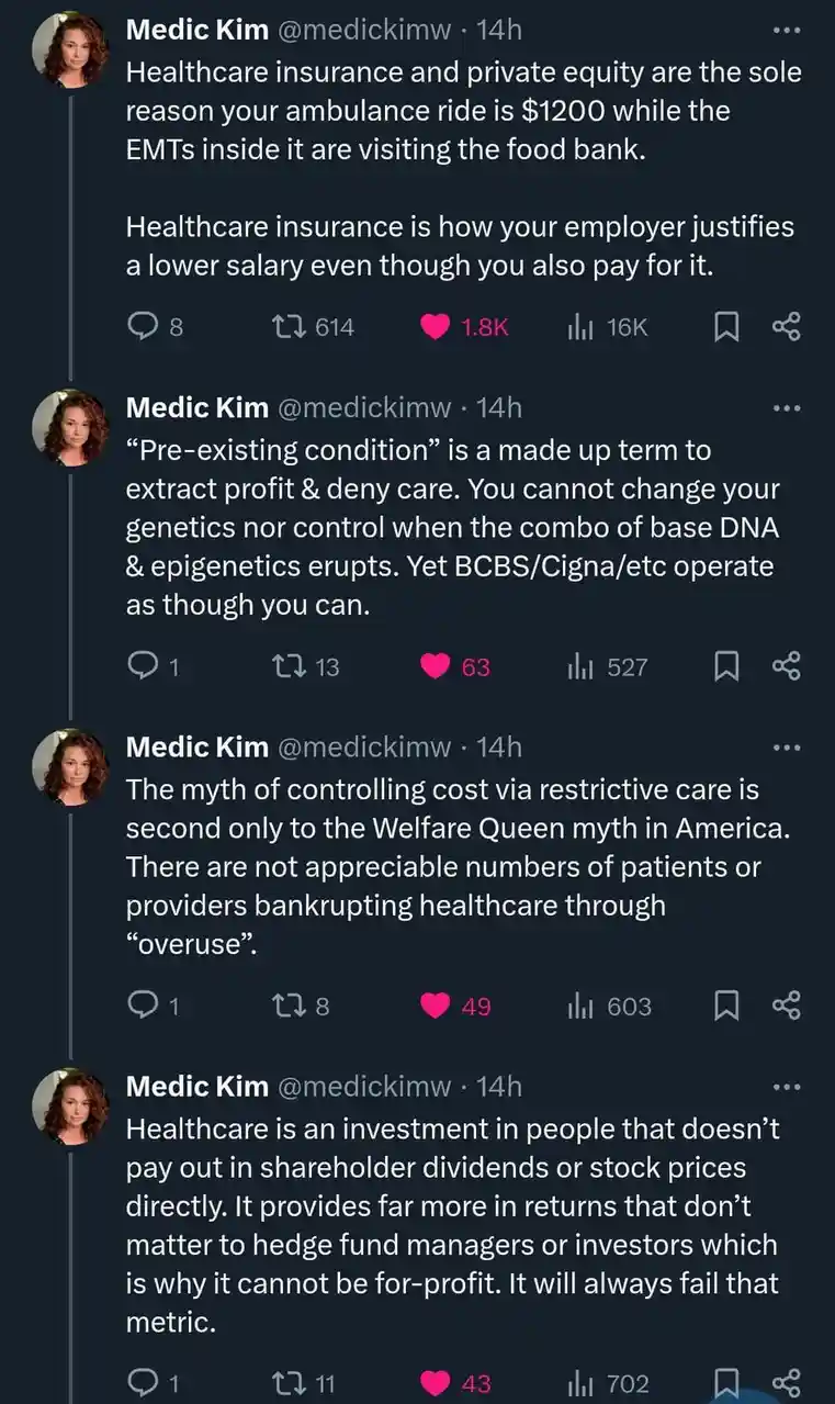 A screenshot of four tweets from a Twitter account named 'Medic Kim' (@medickimw), each criticizing the healthcare system…