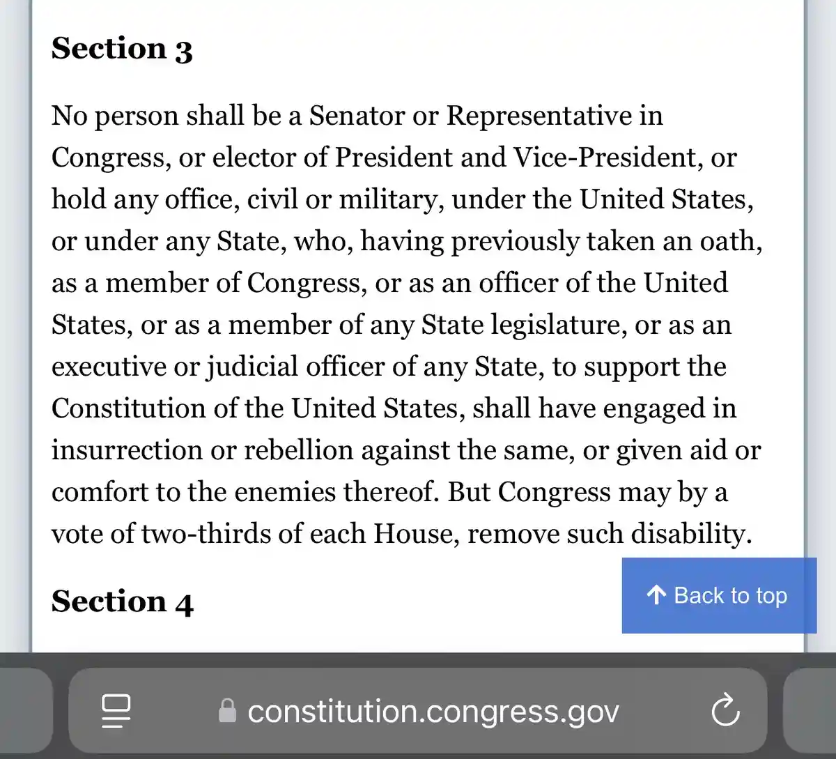 A screenshot of Section 3 of the U.S. Constitution, displayed on the official congress.gov website, detailing…