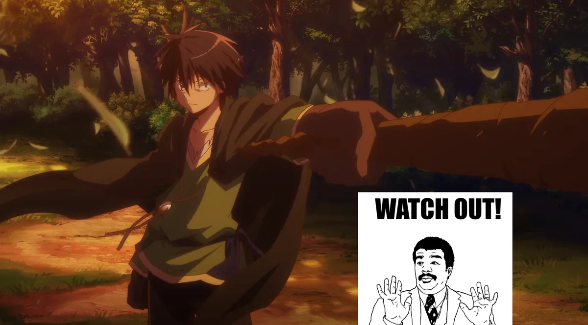 An anime character with brown hair and a green shirt stands in a forest, extending his arm forward as if casting a spell or…