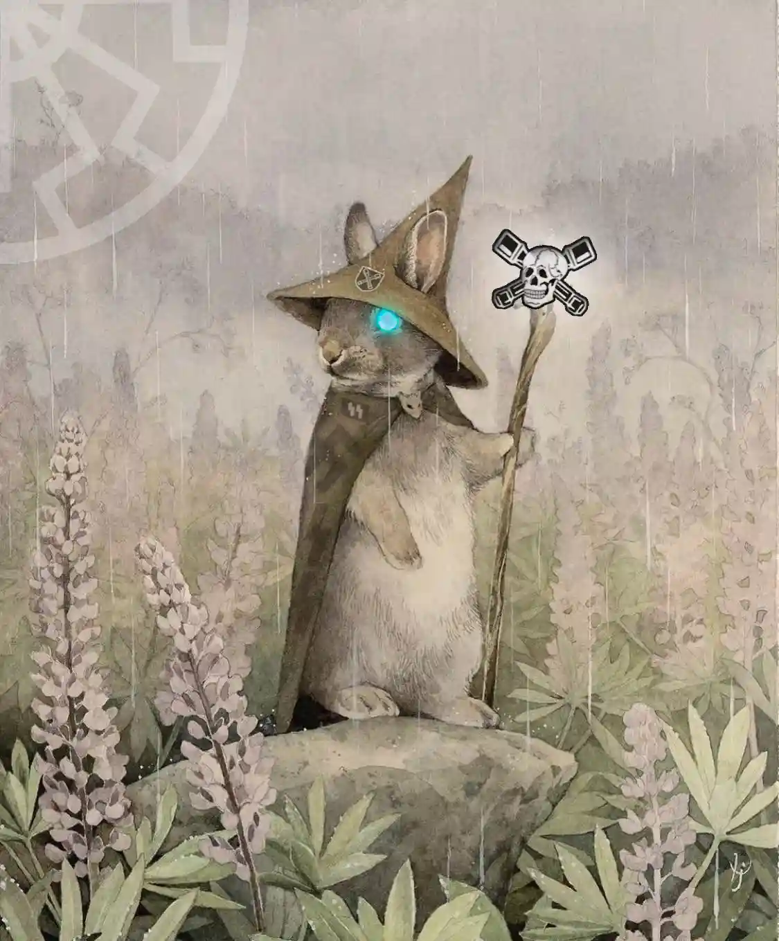 A watercolor-style illustration depicts a rabbit wearing a pointed wizard hat and a cape, standing on a rock in a field of…