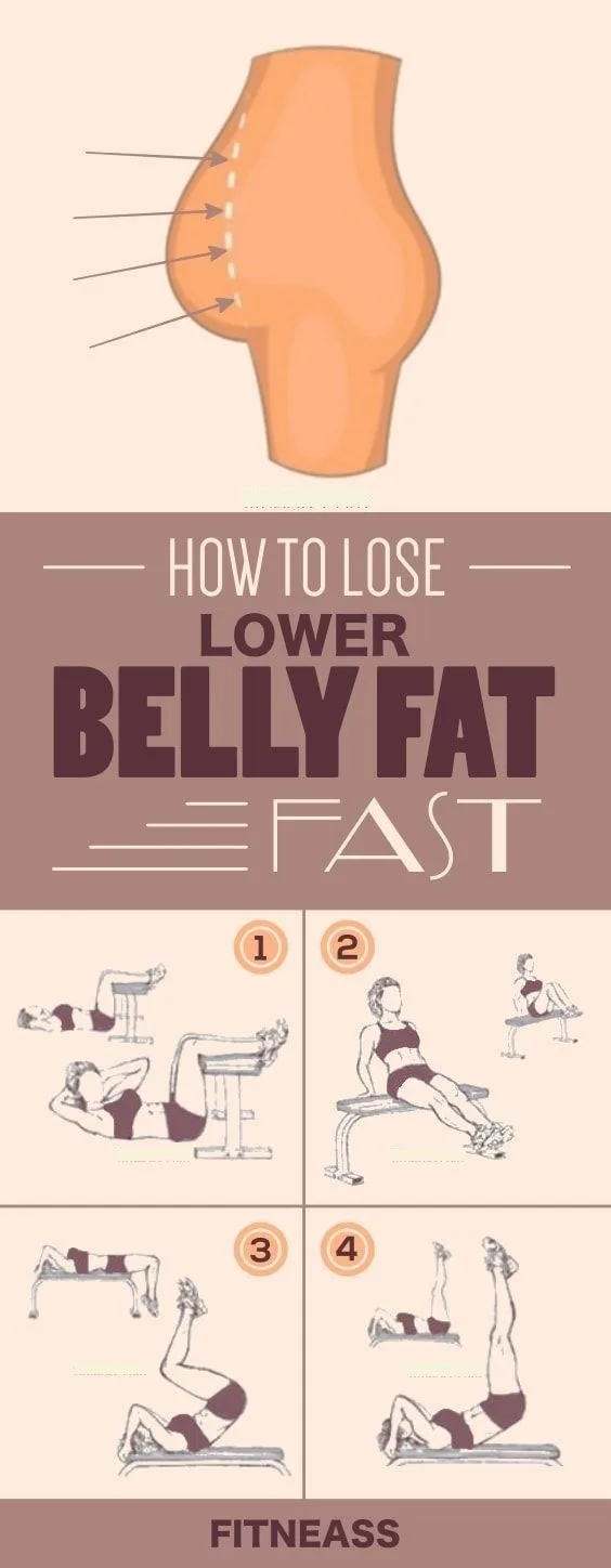 An illustrated guide titled 'HOW TO LOSE LOWER BELLY FAT FAST' shows four numbered exercises using benches and weights. The…
