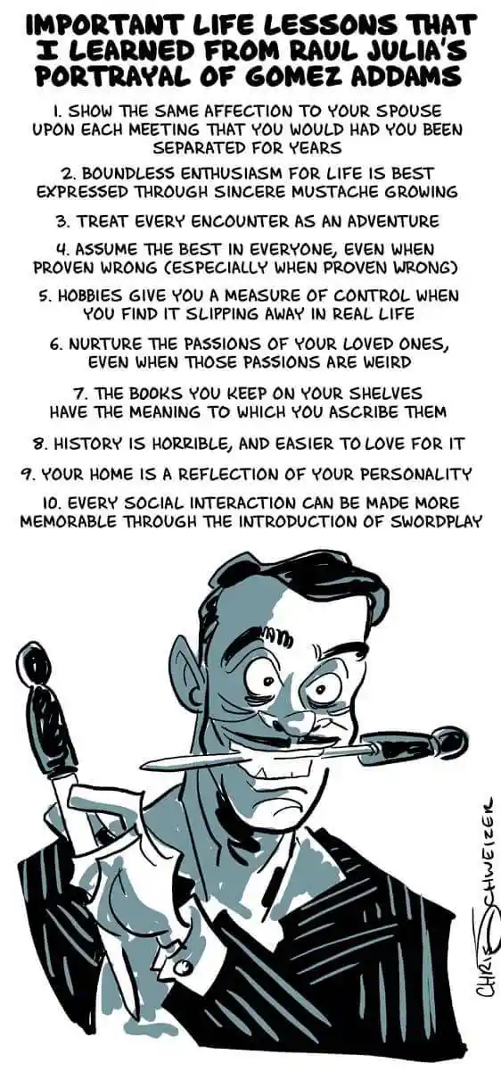 A black-and-white cartoon depicts a man with a mustache, holding a sword in his mouth and a dagger in his hand. Above him is…