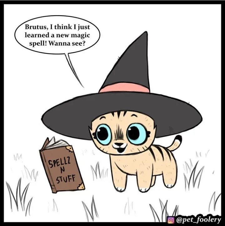 A cartoon kitten wearing a black witch's hat stands in grass next to a book titled 'SPELLZ N STUFF'. The kitten has large…