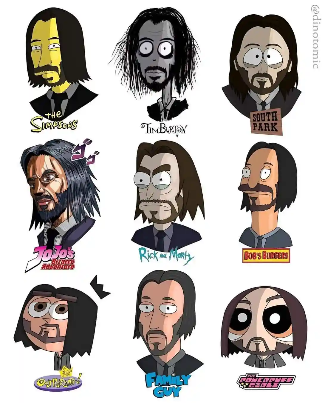 A grid of nine cartoon character portraits, each depicting a different animated show's version of a man with long dark hair…