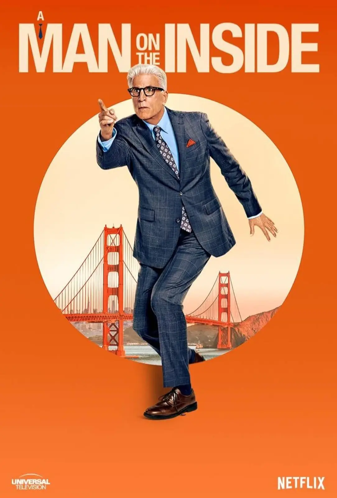 A promotional poster for the Netflix series 'A Man on the Inside' features actor Ted Danson in a sharp suit pointing…