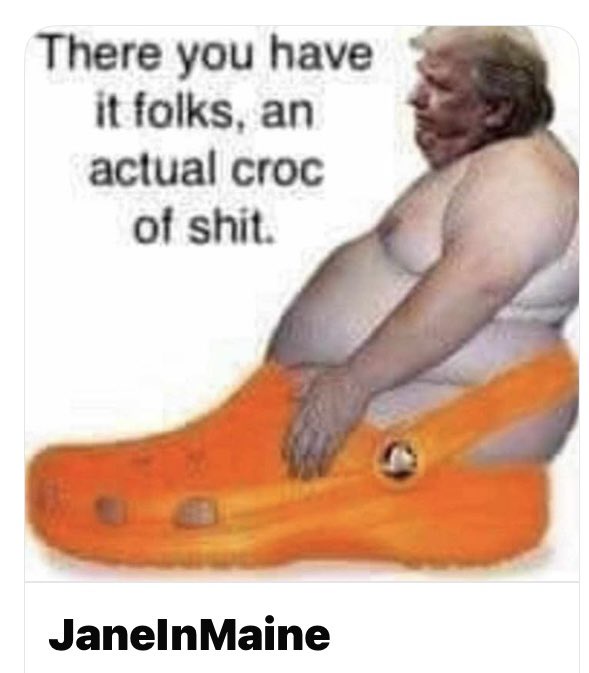 A digitally altered image shows a man, resembling Donald Trump, sitting inside an oversized orange Croc shoe. The text…