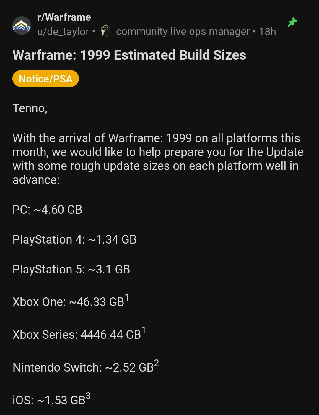 A screenshot of a Warframe subreddit post from a community live ops manager titled 'Warframe: 1999 Estimated Build Sizes'…