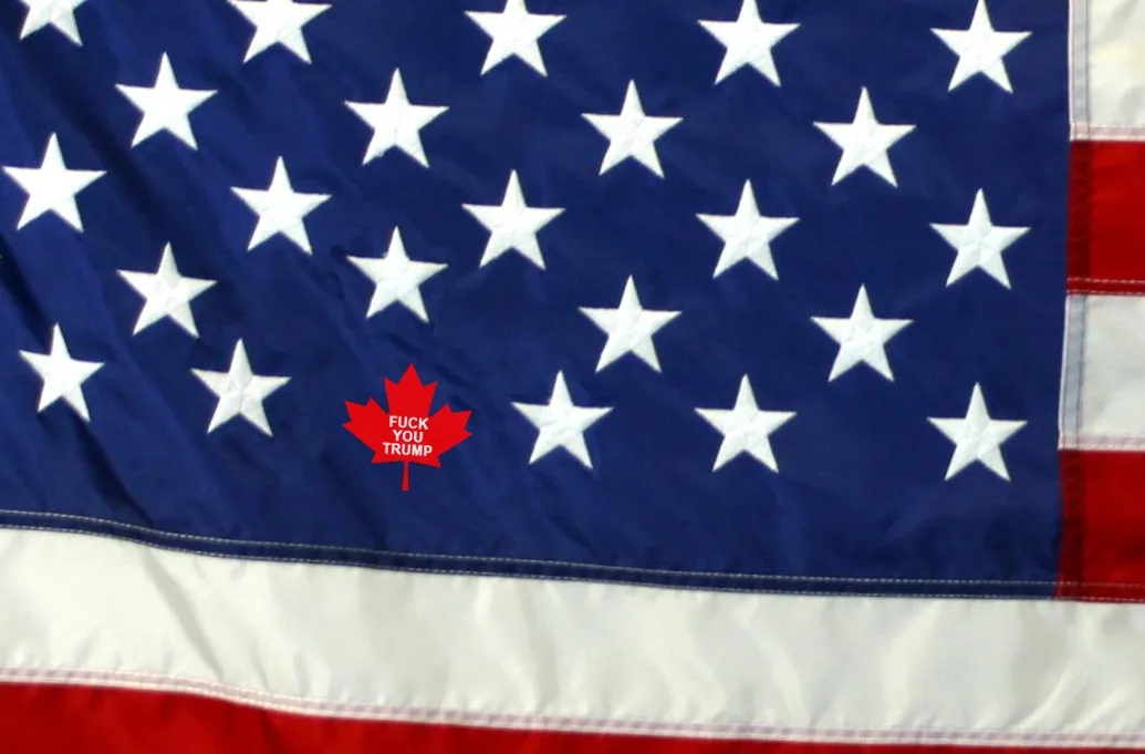 A close-up of the American flag's blue field with white stars, where one star is replaced by a red maple leaf containing the…