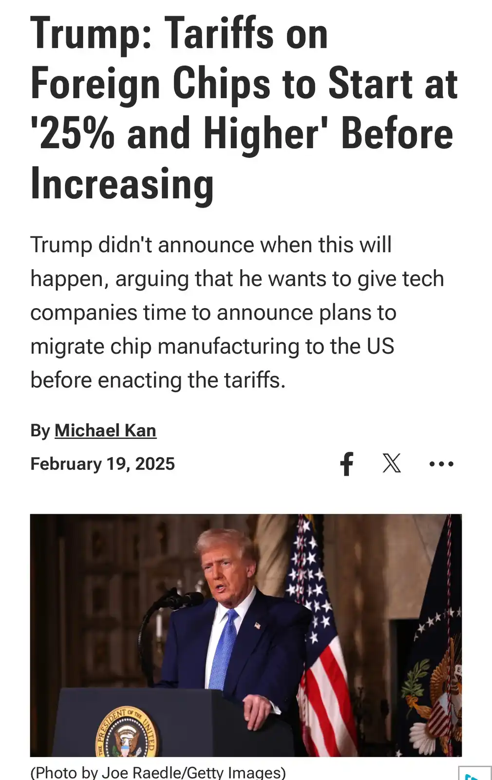 A screenshot of a news article from February 19, 2025, featuring a photo of Donald Trump speaking at a podium with American…