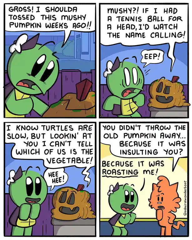 A four-panel comic shows a green turtle character expressing disgust at a decaying pumpkin, which then responds with sass…