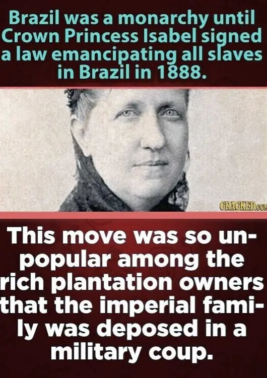 A sepia-toned historical portrait of Crown Princess Isabel of Brazil is overlaid with two blocks of text. The top text…