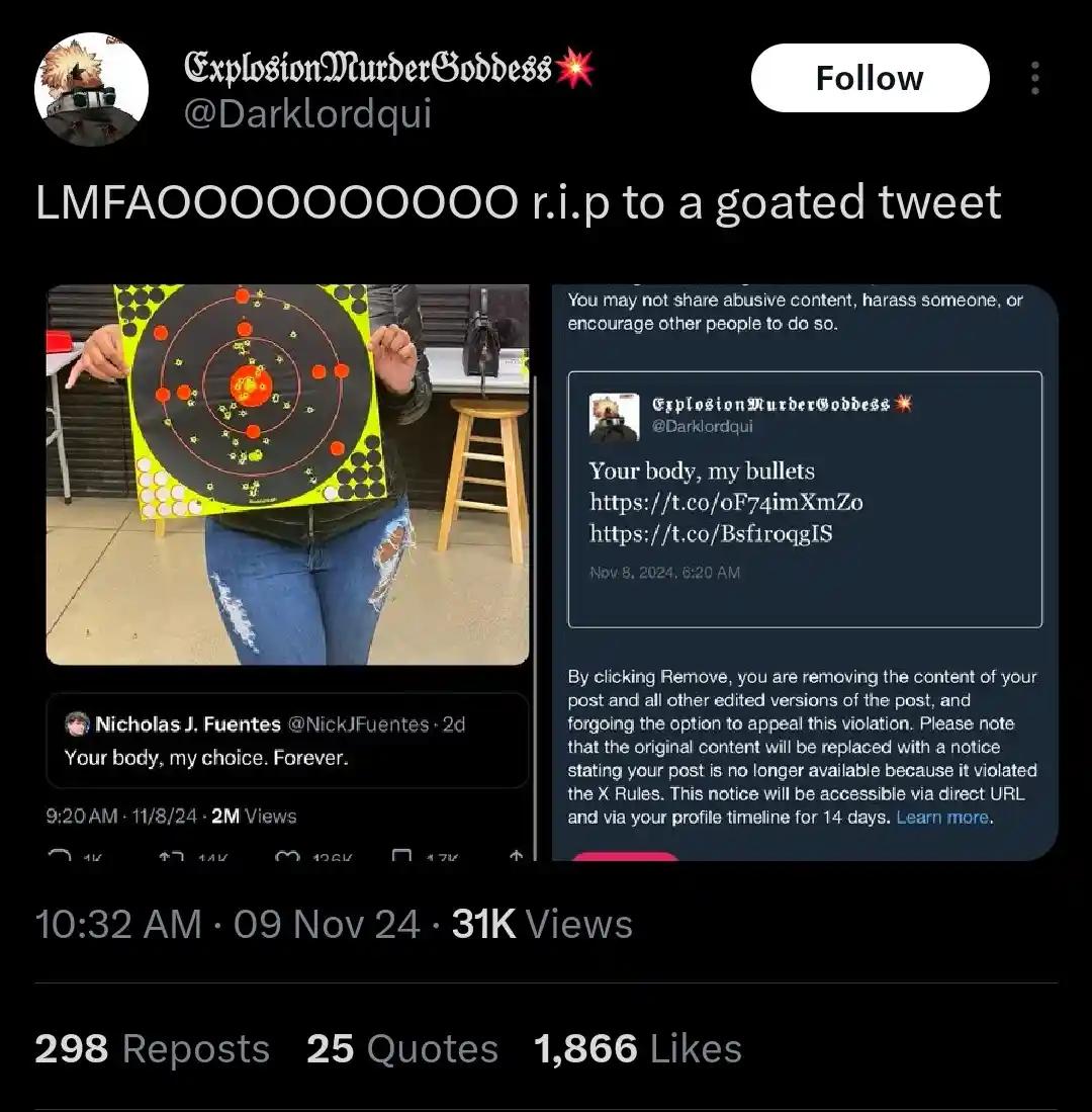 A screenshot of a Twitter post by 'ExplosionMurderGoddess' showing their tweet 'Your body, my bullets' has been removed for…