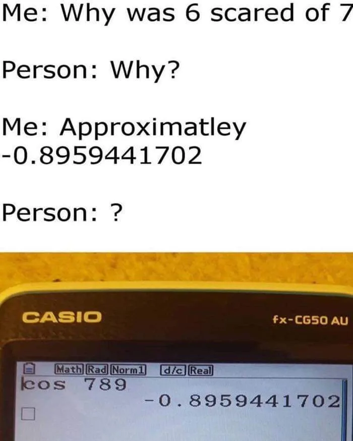 The image shows a Casio fx-CG50 AU graphing calculator displaying 'cos 789 = -0.8959441702'. Above the calculator, text…
