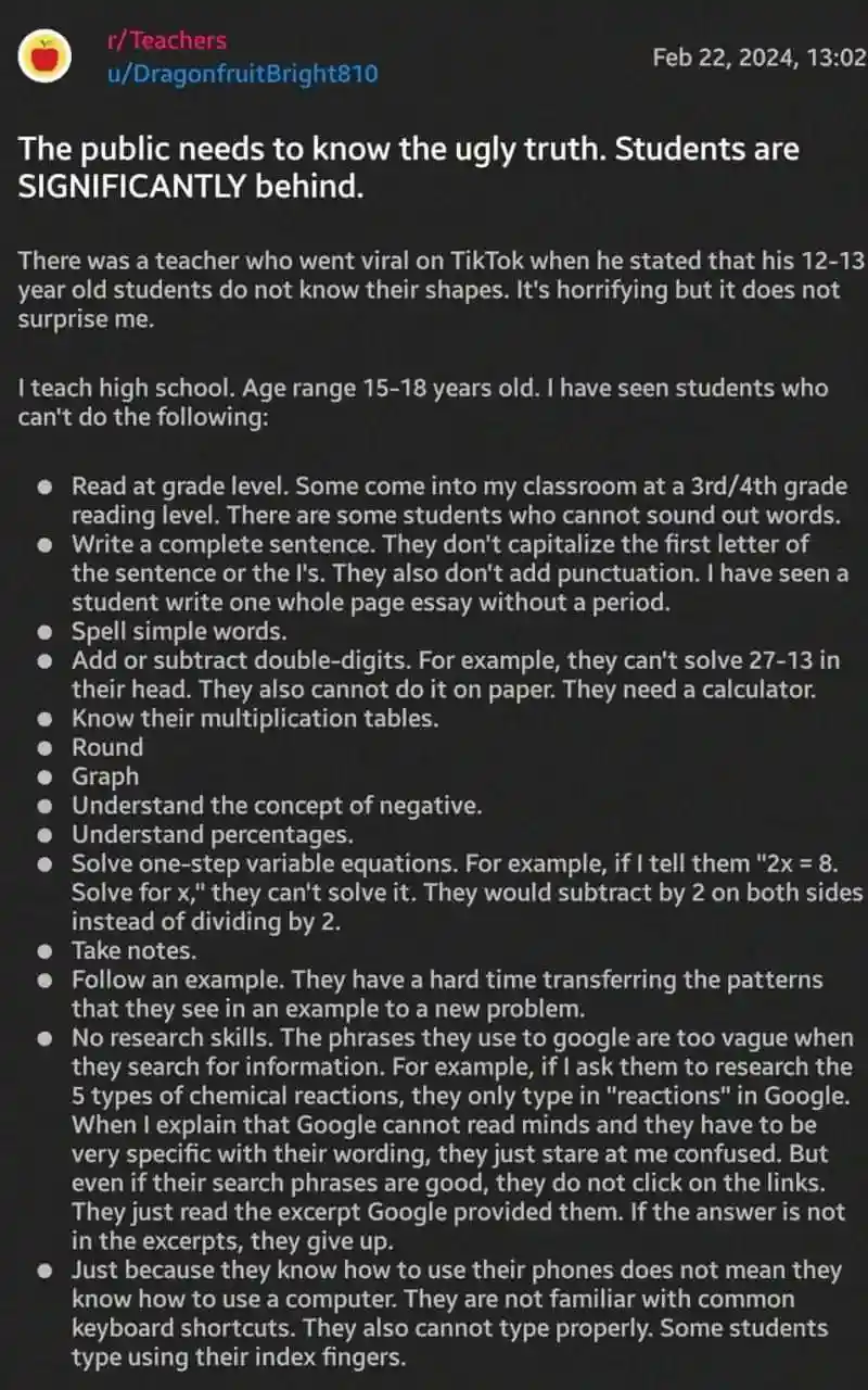 A screenshot of a Reddit post from r/Teachers dated February 22, 2024, by user u/DragonfruitBright810. The post's title…