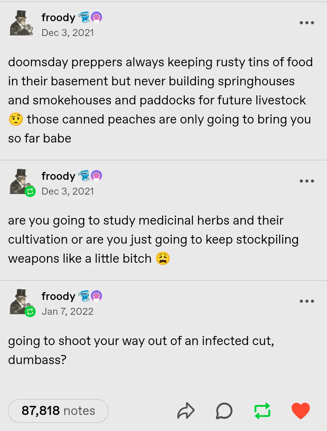A screenshot of three Tumblr posts by user 'froody' from 2021-2022, each containing sarcastic commentary on doomsday…