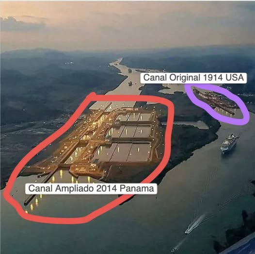 An aerial view compares the original 1914 Panama Canal (outlined in purple) with the expanded 2014 version (outlined in…