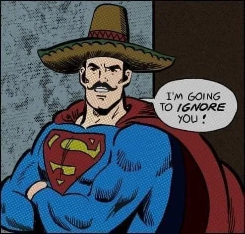 A comic book illustration of Superman wearing a sombrero and mustache, standing with arms crossed and a stern expression. A…
