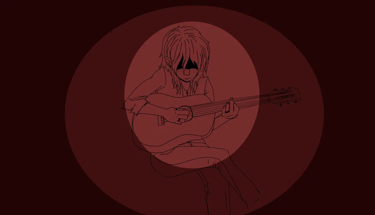 A stylized line drawing of a person with dark, shadowed eyes and messy hair, sitting and playing an acoustic guitar under a…